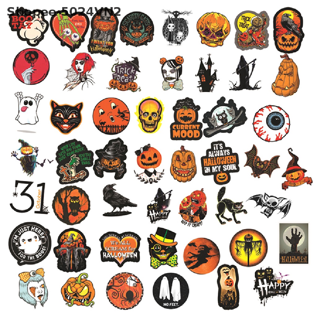 Bộ 50 Hình Dán Trang Trí Chai Nước Chủ Đề Halloween