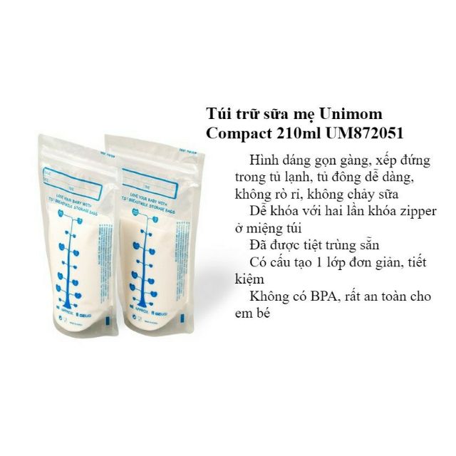 (Tách lẻ hộp) (5-10) Túi trữ sữa Mẹ 210ml Unimom Compact UM870268 (Made in Korea)