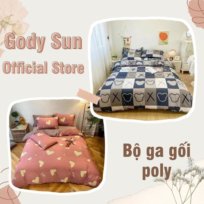 Bộ ga gối poly 1m6x2m/ 1m8x2m/ 2mx2m2 drap giường poly, ga trải giường + 2 vỏ gối nằm Gody Sun