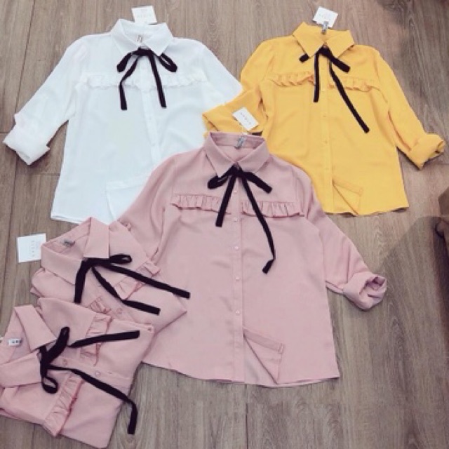 Áo Sơ mi nữ nơ viền bèo + Hình thật