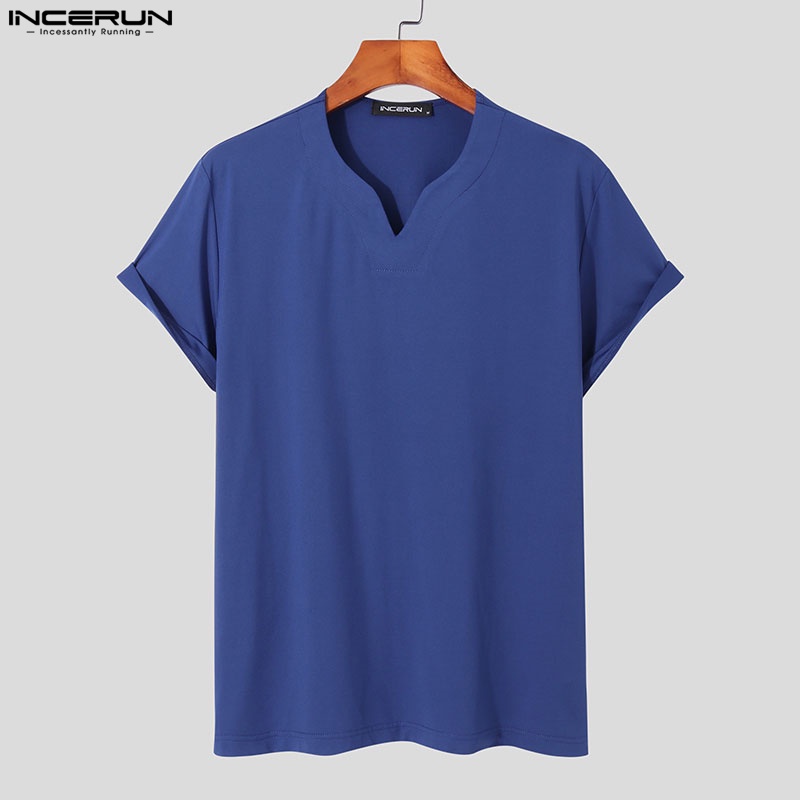 Áo thun INCERUN ngắn tay cổ chữ V màu trơn 3 màu lựa chọn cho nam
