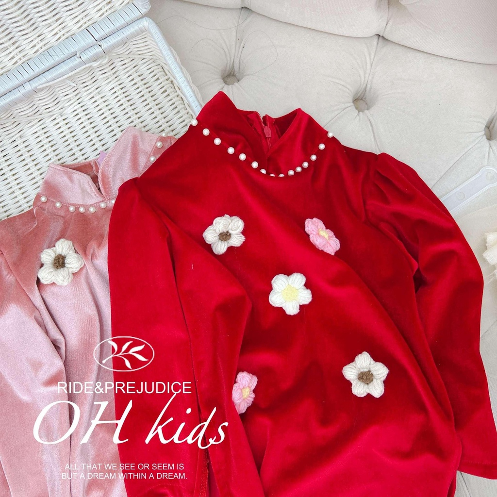 Set áo dài nhung đính hoa len cho bé gái