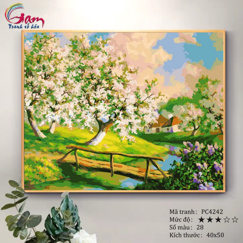 Tranh tô màu theo số phong cảnh thiên nhiên mùa xuân căng khung 40x50cm PC4242