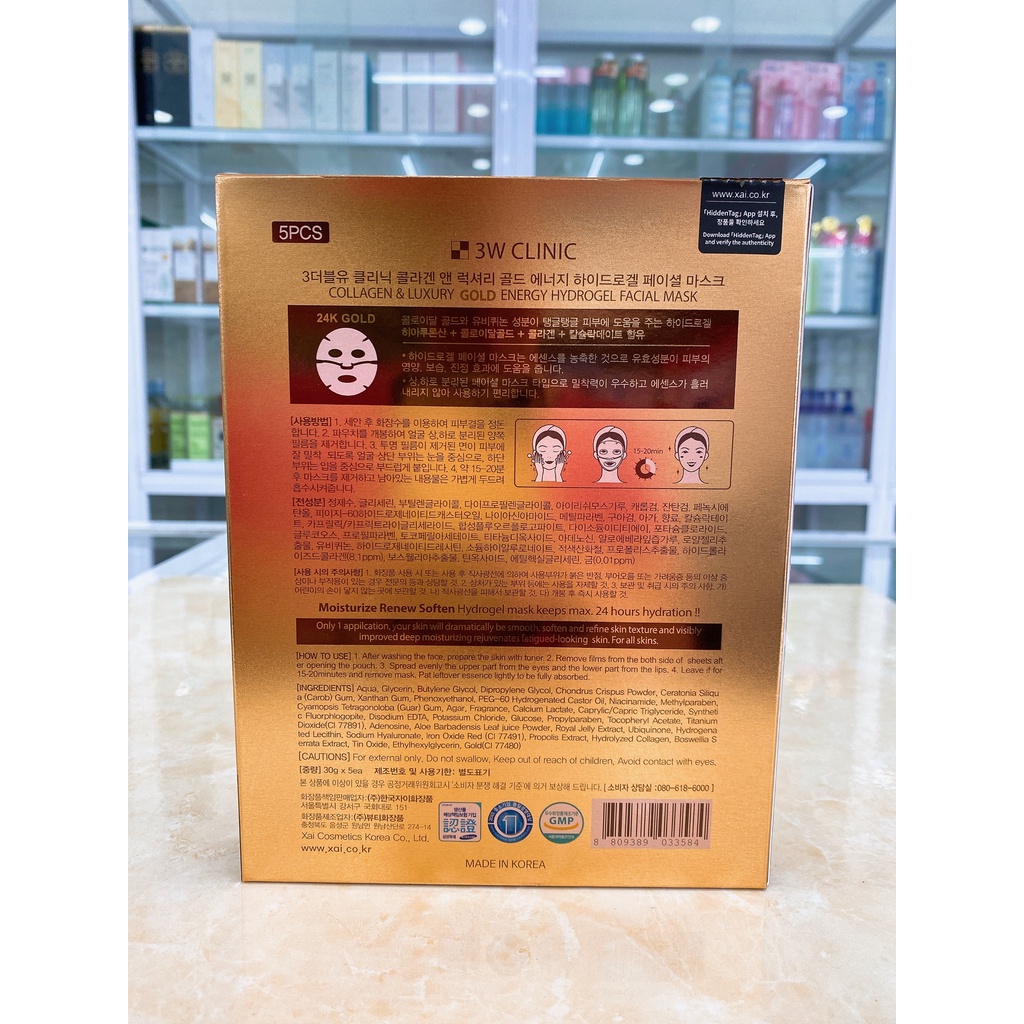 (Hộp 5 Miếng) Mặt Nạ Dưỡng Trắng Chống Lão Hóa 3W Clinic Collagen &amp; Luxury Gold Energy Hydrogel 24k Gold