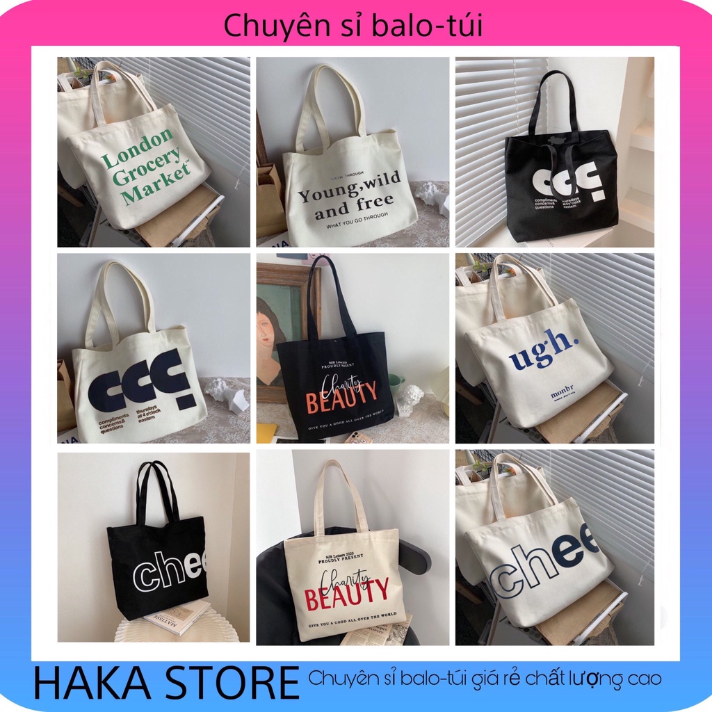 Túi tote túi vải canvas phong cách Hàn quốc có khóa miệng ngăn phụ bên trong thời trang ulzzang-Haka