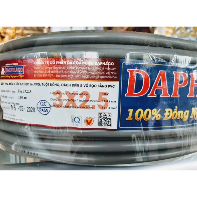 Dây điện đaphaco 3x2.5 2 vỏ bọc bán lẻ 1met giá đã chiết khấu