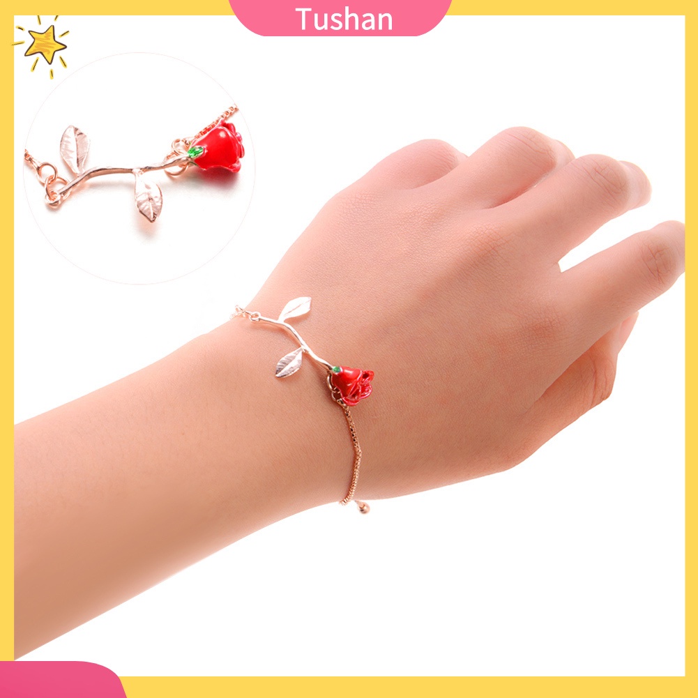 TUSH_Elegant Rose Pendant Wristband Bracelet Adjustable Bangle Women Jewelry Gift
