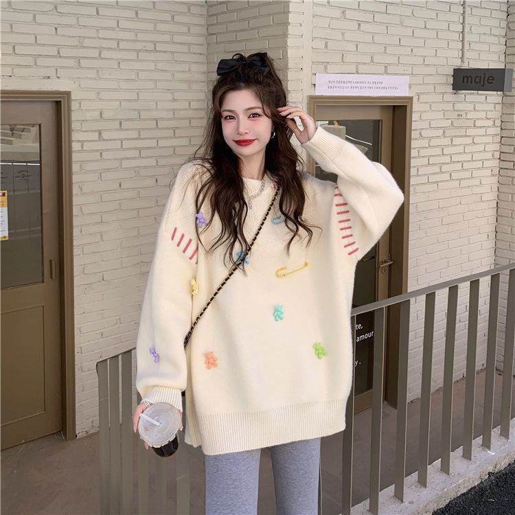 Mới Áo Sweater Chui Đầu Dáng Rộng In Hình Gấu Dễ Thương Thời Trang Cho Bạn Gái