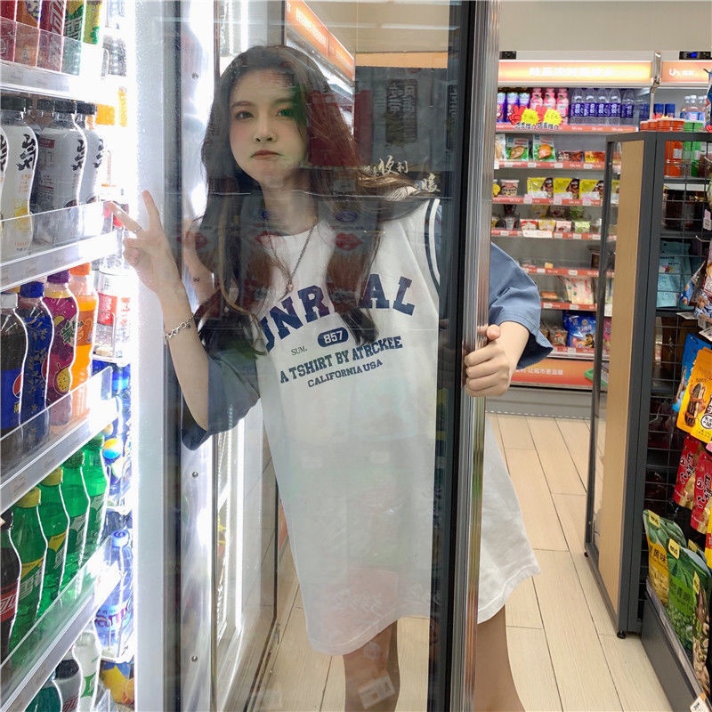 Áo thun tay ngắn giả hai lớp dáng rộng phong cách Hàn Quốc Harajuku cho nữ sinh