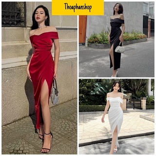 Đầm lụa bẹt vai đắp chéo xẻ đùi ba màu