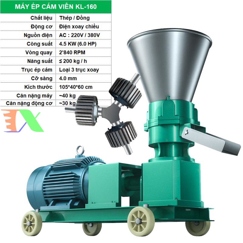 Máy ép cám viên cho Gia súc, Gia cầm, Cá, KL-160, Máy xay nghiền thức ăn đùn viên cám