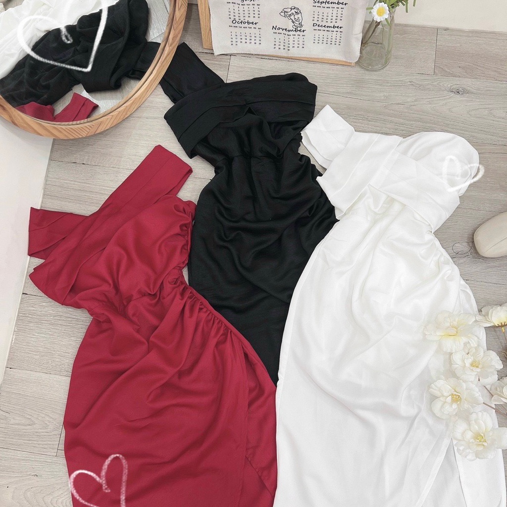Đầm midi trắng trễ vai thiết kế ôm body xẻ tà, đầm đi tiệc cưới sang chảnh 3 màu đỏ, trắng, đen sexy nổi bật MP02