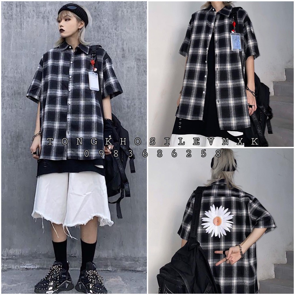 (mới) SƠ MI KẺ CARO TAY LỠ IN HOA CÚC SAU LƯNG - SƠ MI CARO HOA CÚC ULLZANG