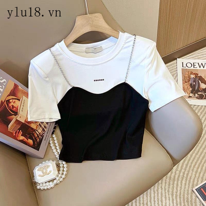 Áo Thun Tay Ngắn Cổ Tròn Giả Hai Lớp Phối Dây Xích Màu Sắc Tương Phản Phong Cách Hàn Quốc Thời Trang Mùa Hè Cho Nữ