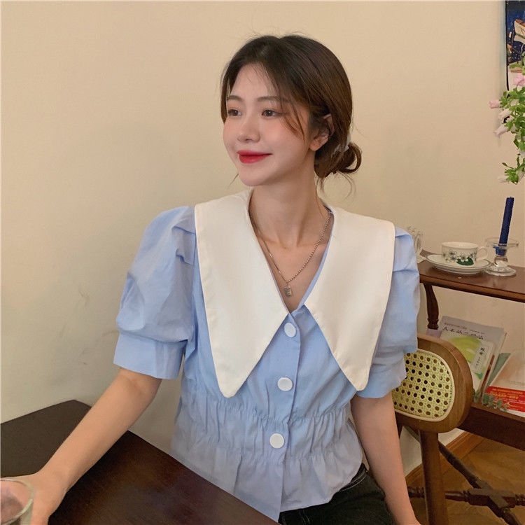 Áo Sơ Mi Tay Phồng Ngắn Phong Cách Hàn Quốc Màu Sắc Tương Phản Thời Trang Mùa Hè Cho Nữ