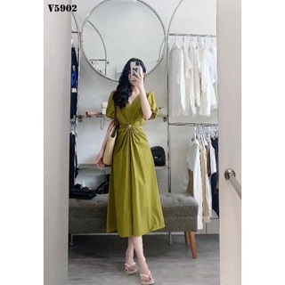 ĐẦM MIDI CỔ V KHOÉT EO KHOEN 2 MÀU