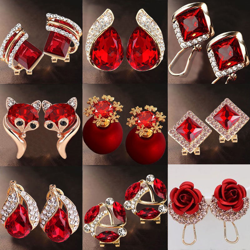 1-2 Đôi Bông Tai Bạc 925 Đính Kim Cương Nhân Tạo Màu Đỏ May Mắn Thanh Lịch Dễ Phối Đồ Dành Cho Nữ