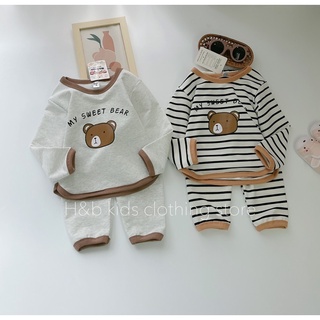 Bộ áo nỉ da cá tàu thu đông, bộ đồ nỉ da cá tàu bo viền thu đông hoạ tiết gấu nâu - 2 màu