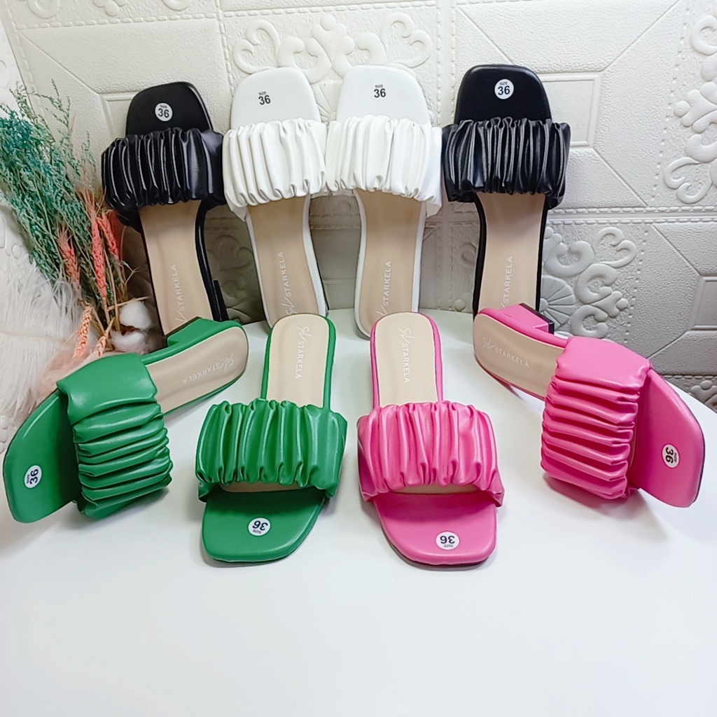 Dép nữ đế vuông cao 3cm quai ngang nhún bèo xinh xắn 4 màu đen trắng xanh hồng Minhtuyetshoes