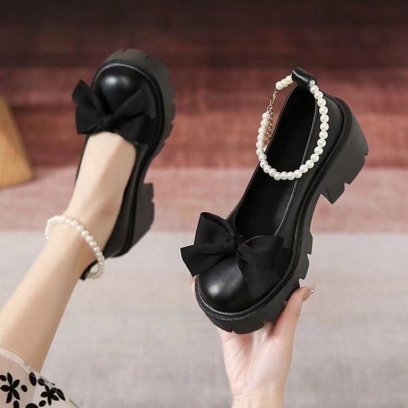 Bán sỉ-Giày lolita mùa hè 2022 da bóng nơ vải đế thô 5cm quai ngọc cổ chân