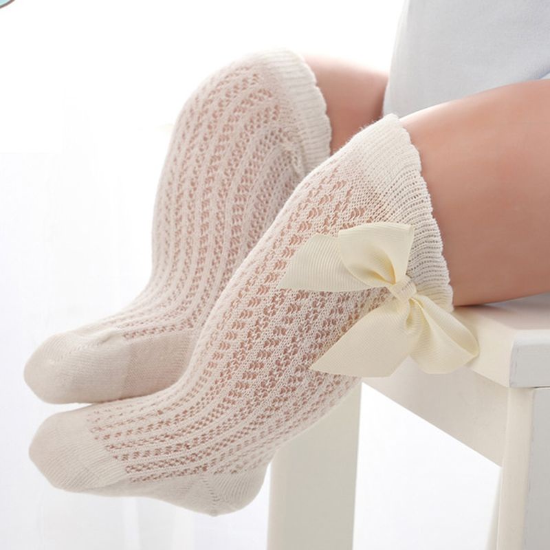 Đôi vớ cotton cổ cao đính nơ dễ thương cho bé gái từ 0-2 tuổi