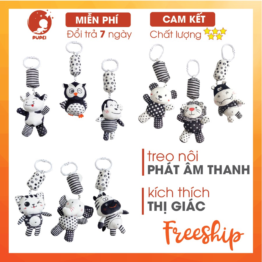 Bộ thú treo nôi cũi đen trắng ⚡KÈM ÂM THANH ⚡kích thích thị giác, thú bông cho bé