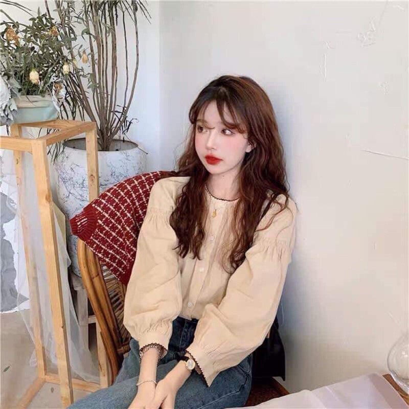 Áo sơ mi không cổ bo viền vintage + áo gile cài cúc công sở sinh viên