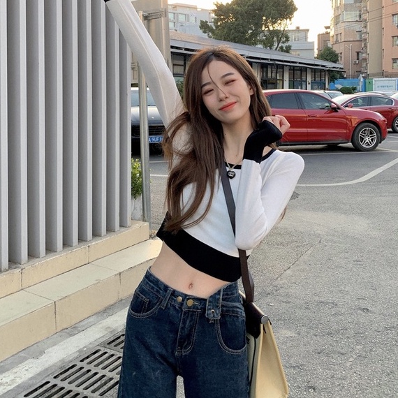 Áo ZHELIHANGFEI dệt kim tay dài hở eo quyến rũ trẻ trung hợp thời trang cho nữ