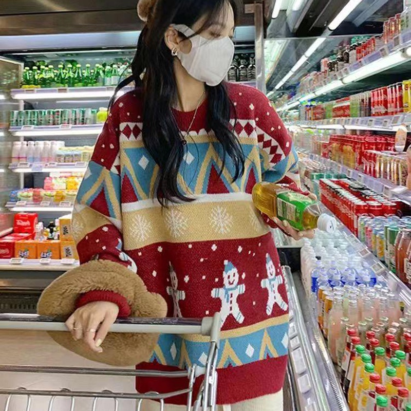 IELGY Áo Sweater Nữ Cổ Tròn Dài Tay In Hình Người Tuyết Giáng Sinh