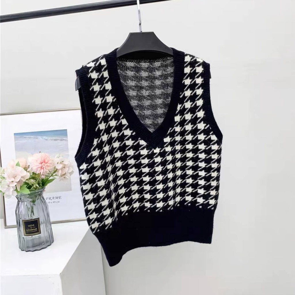 Áo gile kẻ caro vintage Qiukan phối viền basic, Áo len nữ kẻ không tay dáng suông chất len dày đẹp