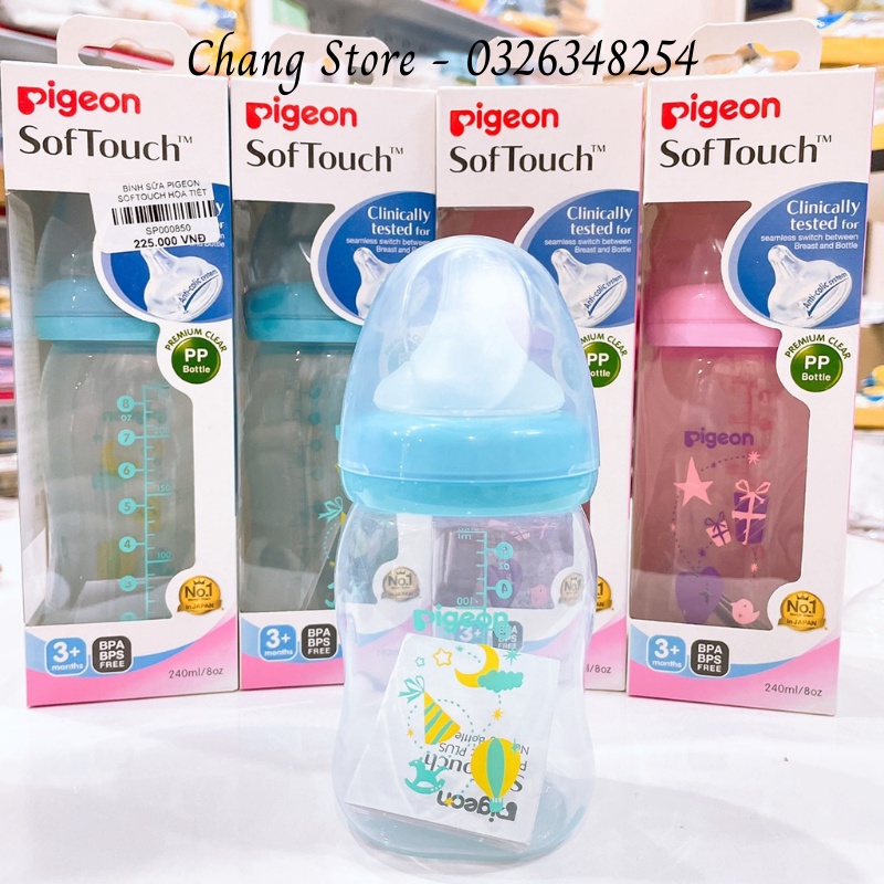 [CHÍNH HÃNG] Bình sữa Cổ Rộng PP Plus Pigeon hoạ tiết Xanh/ Hồng Cho bé từ 0M+ 160ml, 240ml