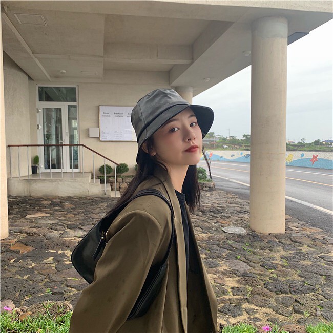 Mũ Bucket Chất Liệu Da Màu Trơn Thời Trang Thu Đông Phong Cách Hàn Quốc