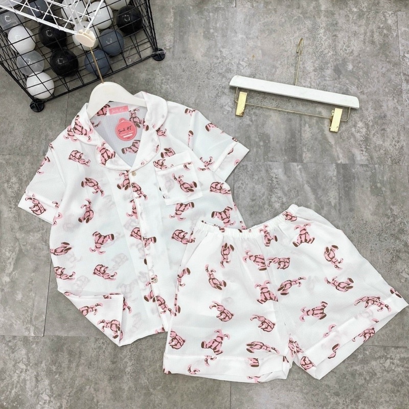 Đồ ngủ pijama bộ mặc nhà nữ cộc tay chất đũi mát đáng yêu