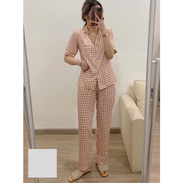 Bộ pijama chất đũi xốp hoạ tiết kẻ ô áo cộc quần dài, Bộ ngủ mặc nhà thu đông