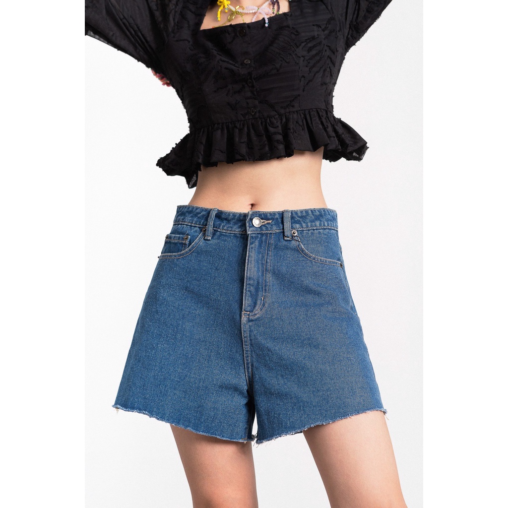 LIBÉ - Quần ngắn vải denim dáng suông ống rộng màu xanh dương