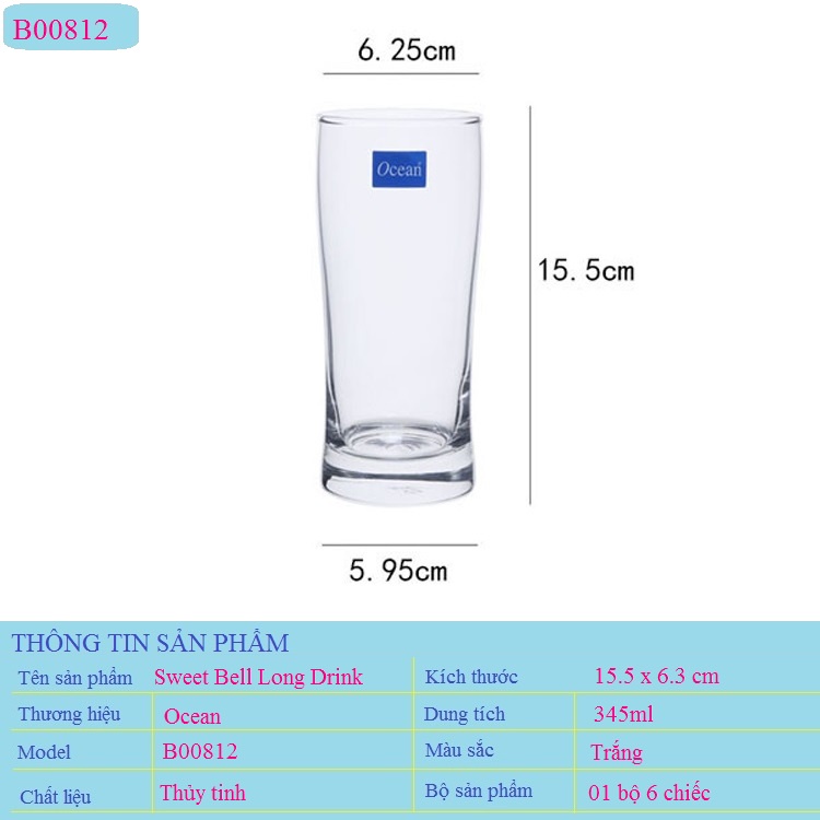 Bộ Cốc Uống Nước Giải Khát Uống Bia Thủy Tinh Ocean Sweet Bell Long Drink B00812 Dung Tích 345ml