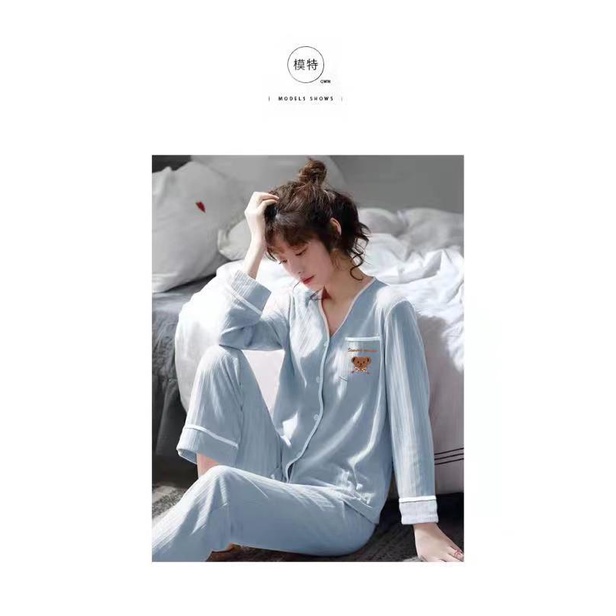 Bộ Đồ Ngủ Cotton Thuần Khiết Tay Dài Kẻ Sọc Cao Cấp Phong Cách Hàn Quốc Ngọt Ngào Mới 2022