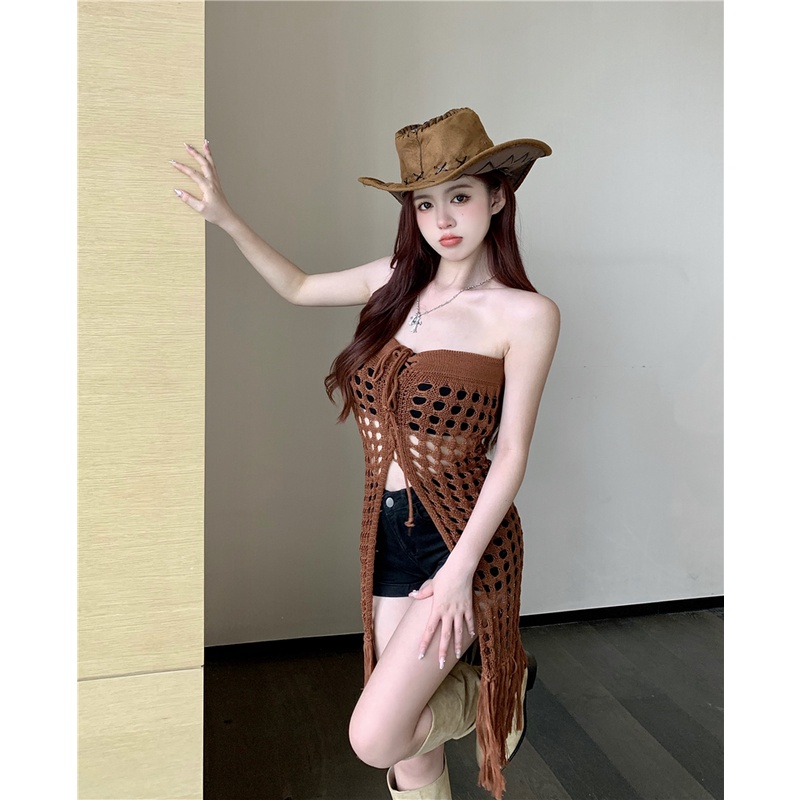 QKOOLE Đầm dệt kim phối ren lưới phong cách cổ điển Hàn Quốc cho nữ