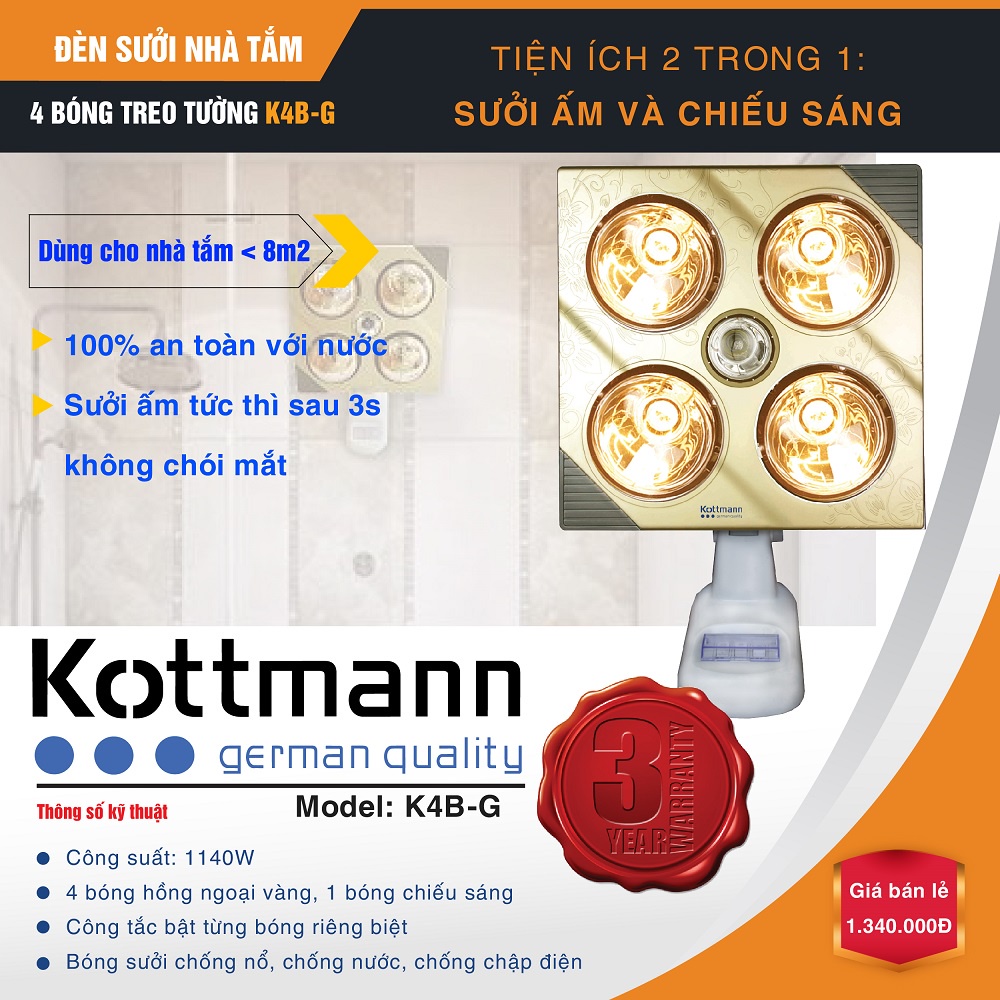 Đèn sưởi Kottman 4 bóng K4B-G - Hàng chính hãng- Bảo hành toàn quốc