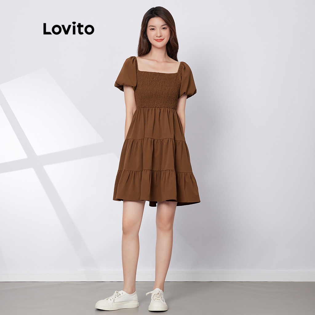 Đầm Lovito chữ A tay phồng may nhún chun màu trơn thường ngày L29ED022 (màu nâu mocha)