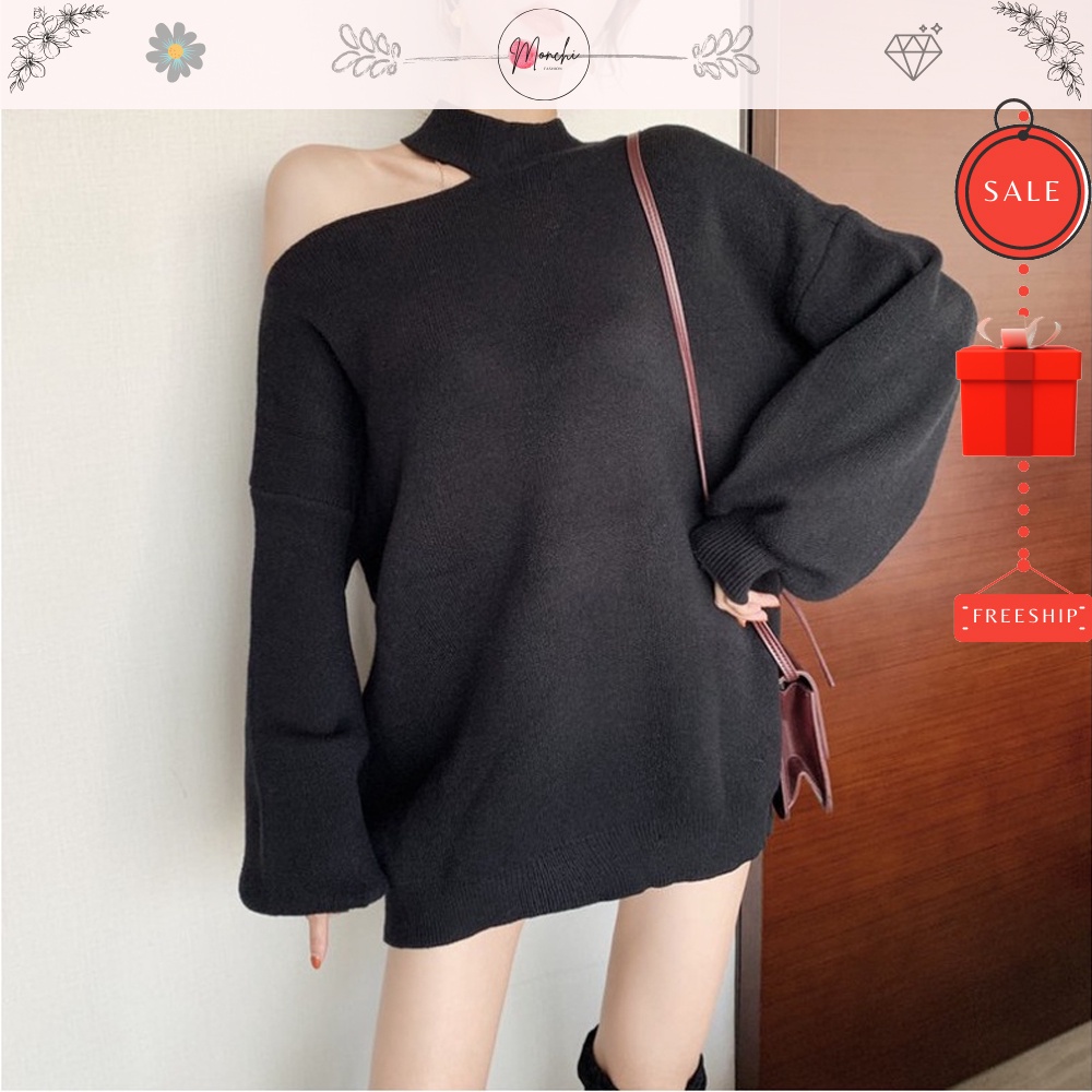 Áo Nỉ Nữ Khoét Vai Dài Tay, Áo Thun Nữ Dáng Trùm Mông Cá Tính 2 Màu