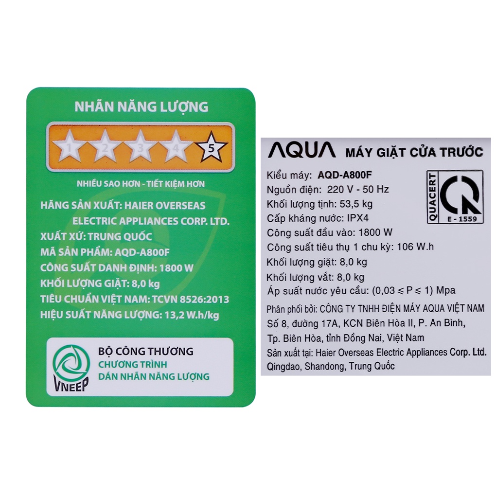 Máy giặt Aqua Inverter 8 KG AQD-A800F W