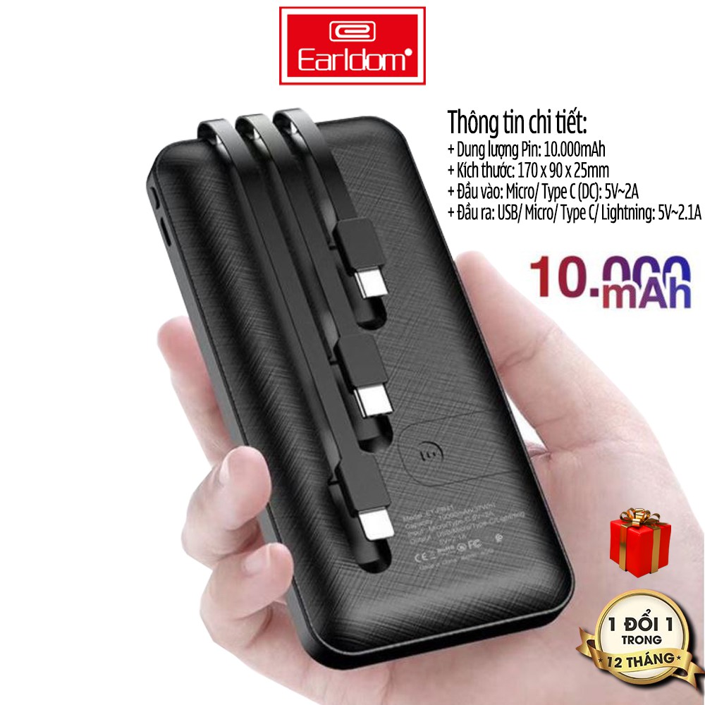 Sạc dự phòng cáp lighting typec micro Earldom PB41 nhỏ gon dung lượng 10000 mah