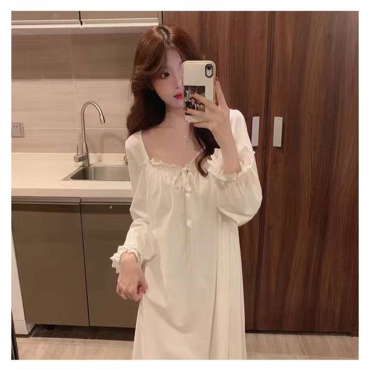 Váy ngủ dài tay mùa xuân, thu | Đầm ngủ mùa đông tay dài phối ren công chúa Hàn Quốc ngọt ngào cao cấp