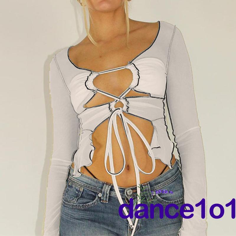 ♧Rd♥Áo Crop Top Tay Dài Khoét Lỗ Thời Trang Dành Cho Nữ