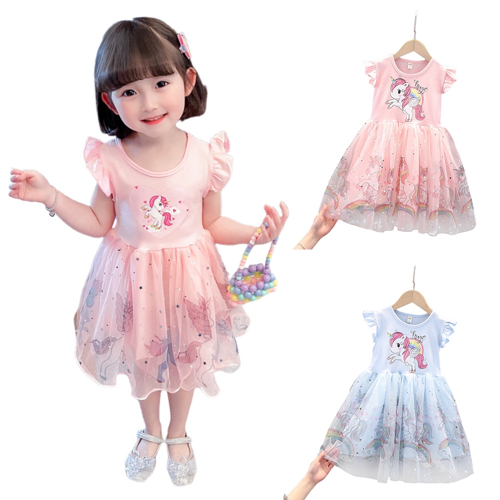 Hình kỳ lân đầm công chúa Váy ngắn tay mùa hè cho bé gái Vải tuyn  Váy xinh bé gái 1-8 tuổi