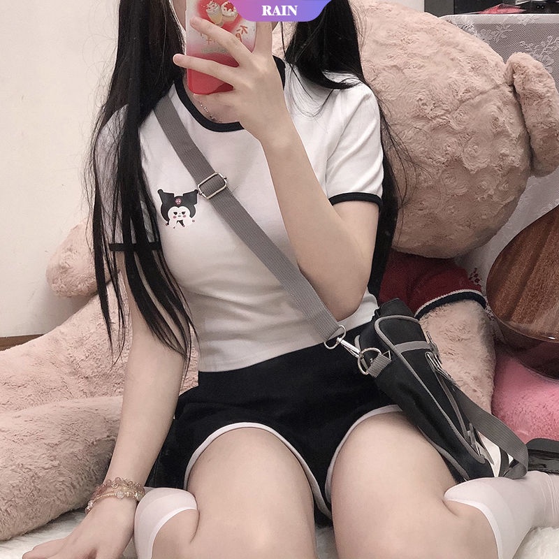 SANRIO Bộ Đồ Thể Thao Tay Ngắn Màu Trơn Phong Cách Nhật Bản Dành Cho Nữ
