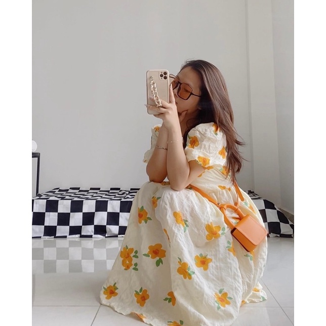 Đầm xốp hoa dáng babydoll, Váy hoa dáng dài siêu xinh hàng Quảng Châu