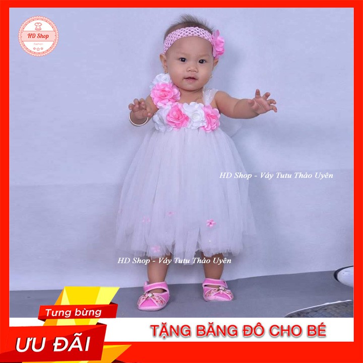 Đầm cho bé sơ sinh ❤️FREESHIP❤️ Đầm công chúa trắng sáu bông đính hoa nhí lệch quai cho bé 0-12 tháng tặng kèm băng đô