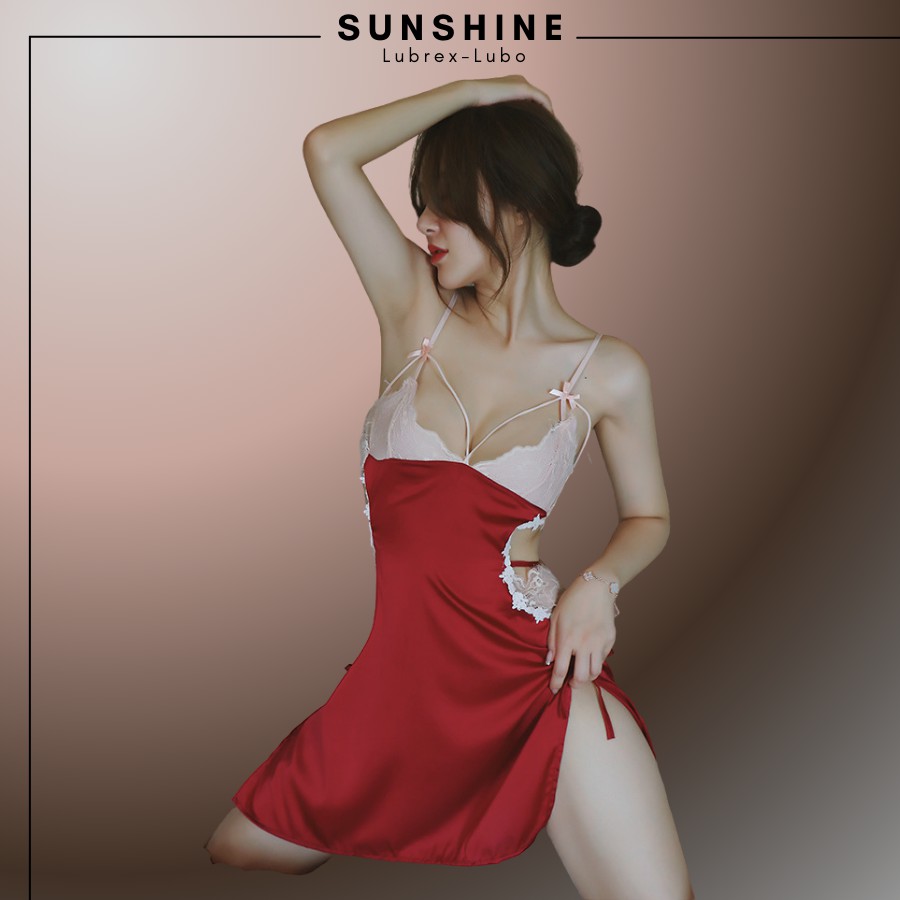 Váy Ngủ Lụa Phối Ren Mỏng Thiết Kế Dây Lưng Sexy Gợi Cảm Màu Đỏ Sunshine Lubrexlubo VL1050